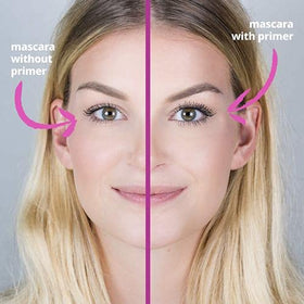 essence Volume Booster Lash Primer swatch on lashes indicating base helps mascara cling