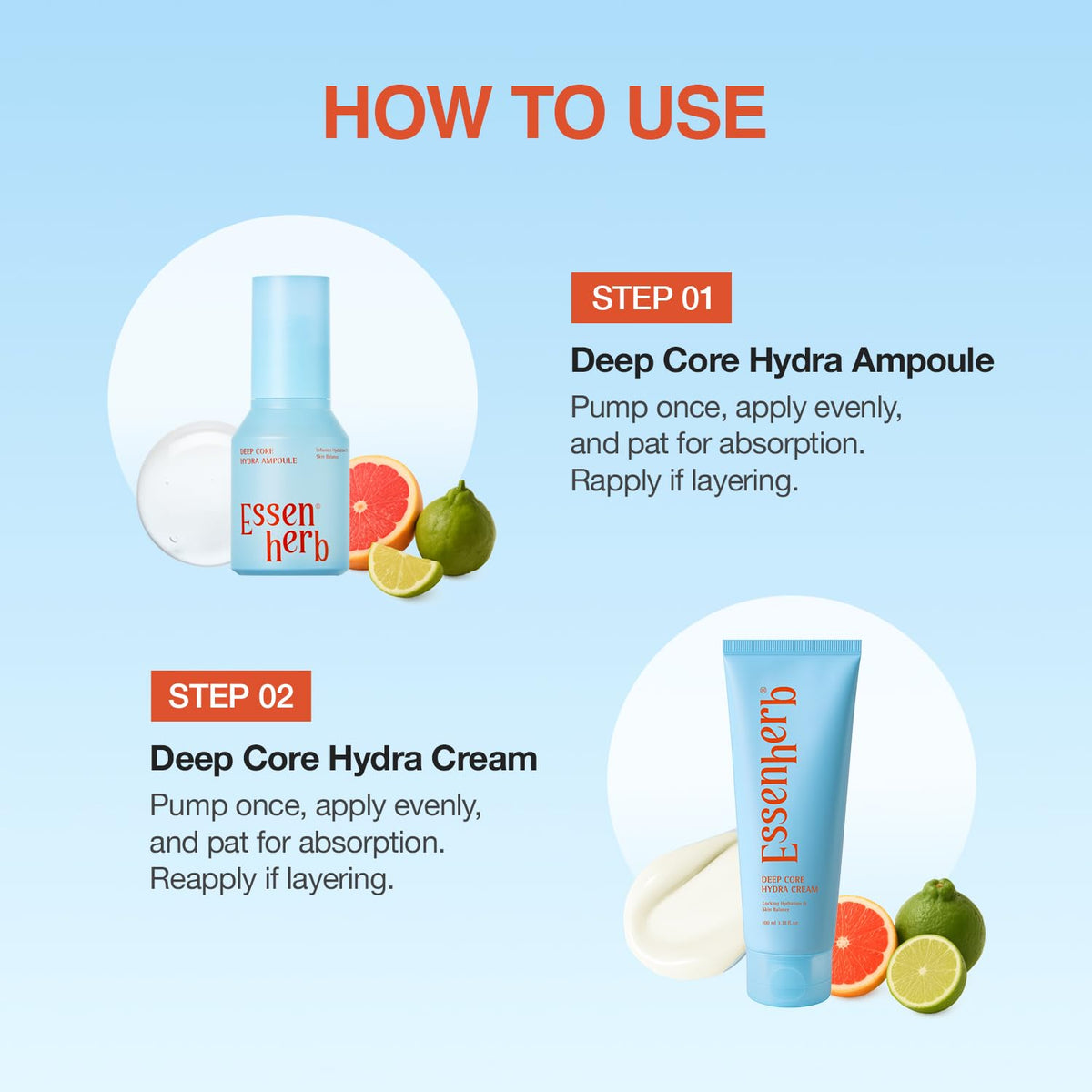 ESSENHERB Deep Core Hydra Ampoule pairs with Hydra Cream for enhanced hydration.