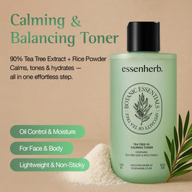 Essenherb Tea Tree 90 Toner bottle label highlights vegan, fragrance-free formula.