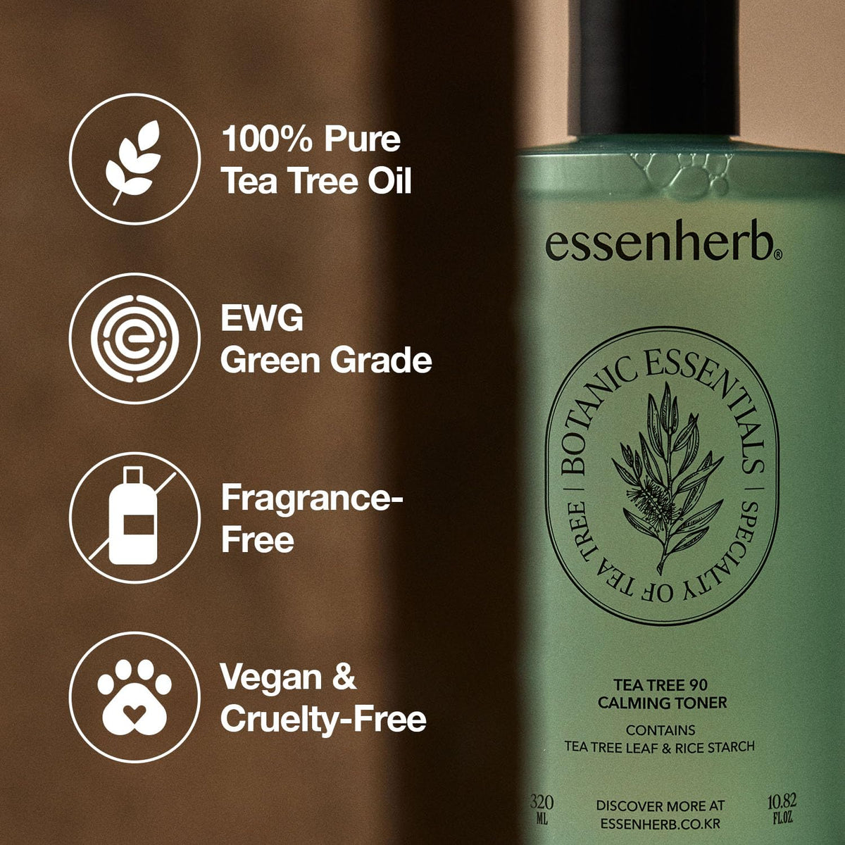 Packaging highlights calming botanicals in Essenherb Tea Tree 90 Toner.