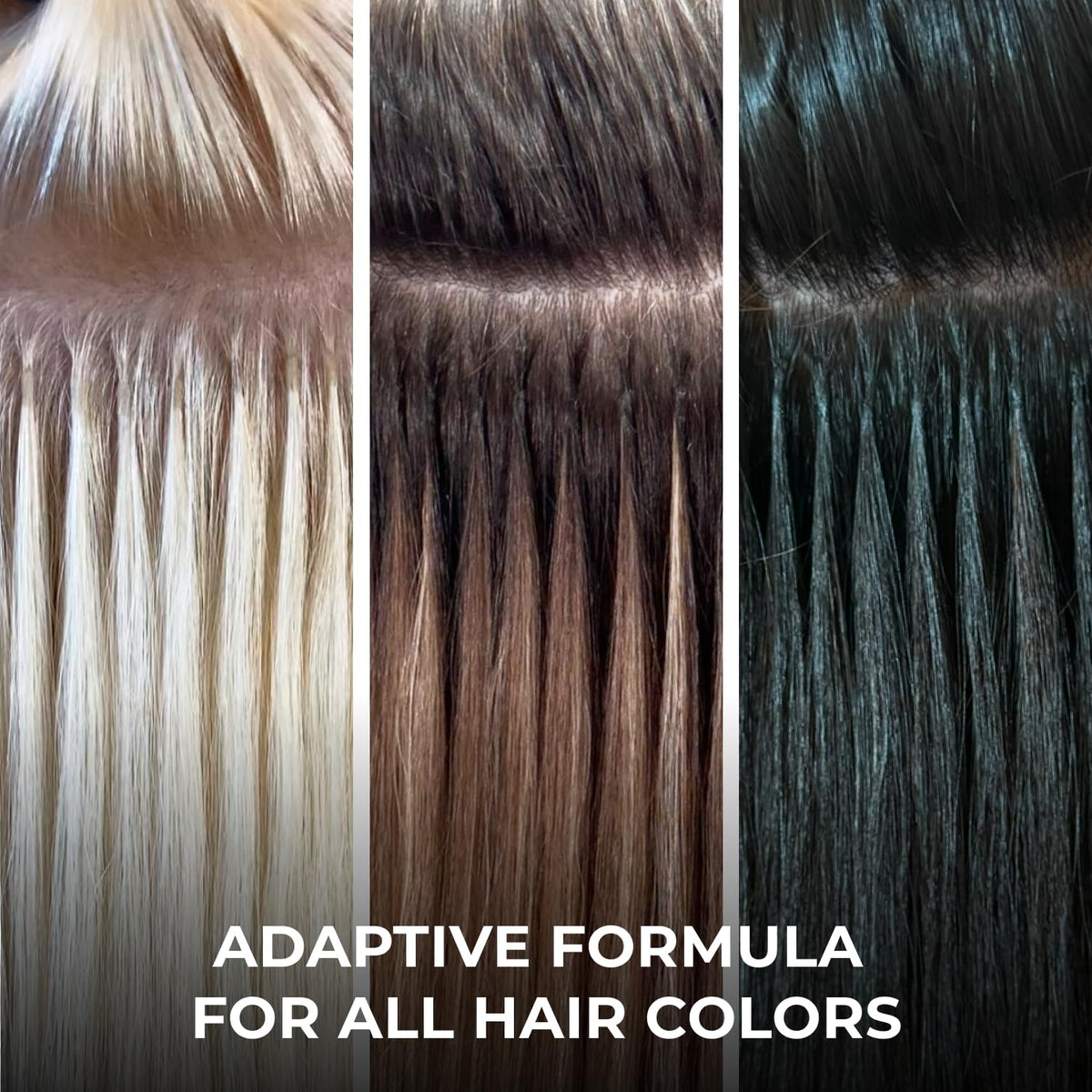 ESSENT-IX keratin beads application scene indicating strong, long-lasting bonds for extensions.