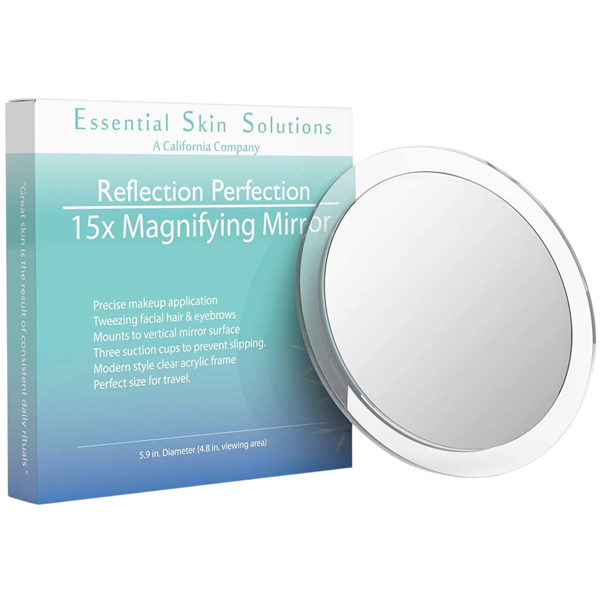 Essential Skin Solutions 15x magnifying mirror closeup for precise makeup and tweezing.