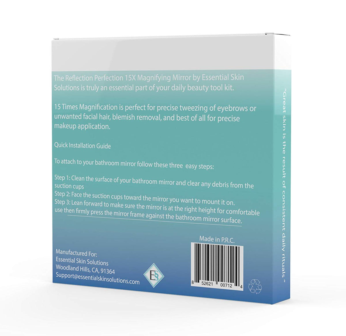 Essential Skin Solutions concave mirror technology supports close facial inspection.