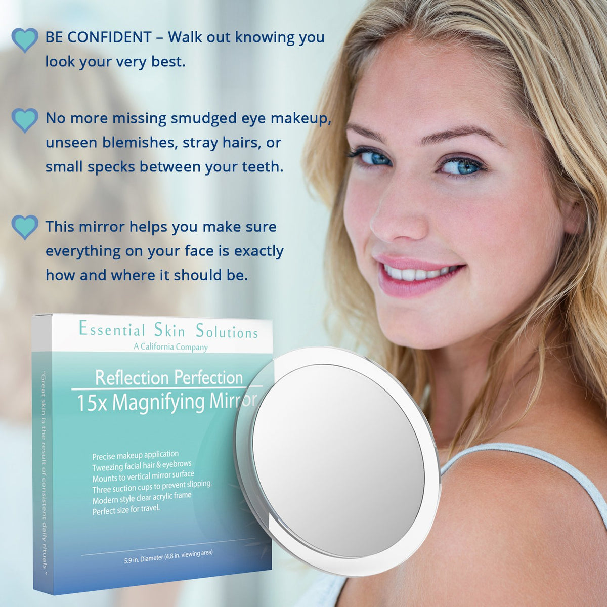 Essential Skin Solutions travel-friendly mirror ready for on-the-go touch-ups.