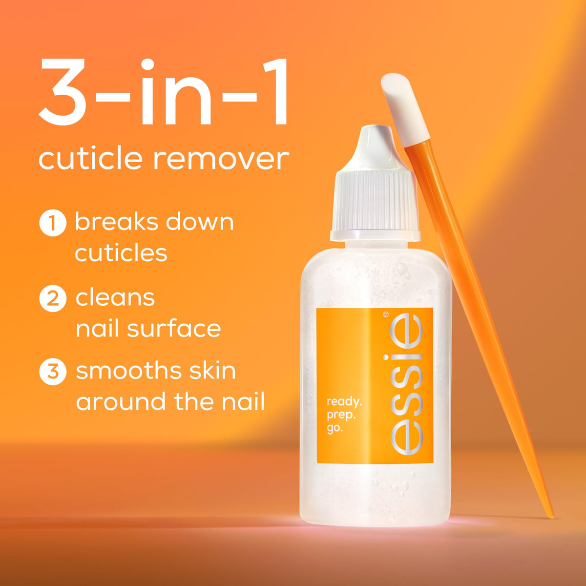 Essie ready. prep. go 3-in-1 gel formula softens cuticles for easy removal