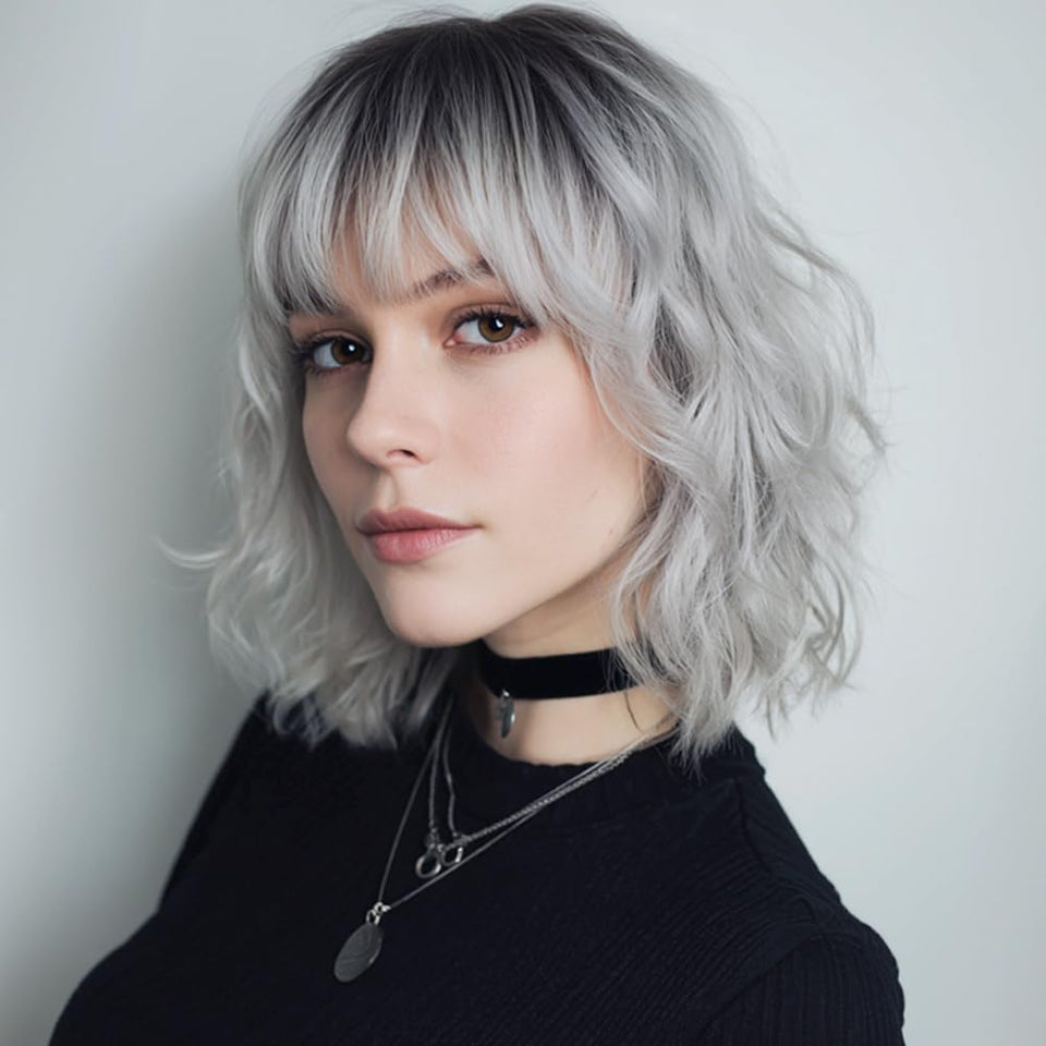 EssionTech ombre grey wavy bob wig front view offers versatile daily wear