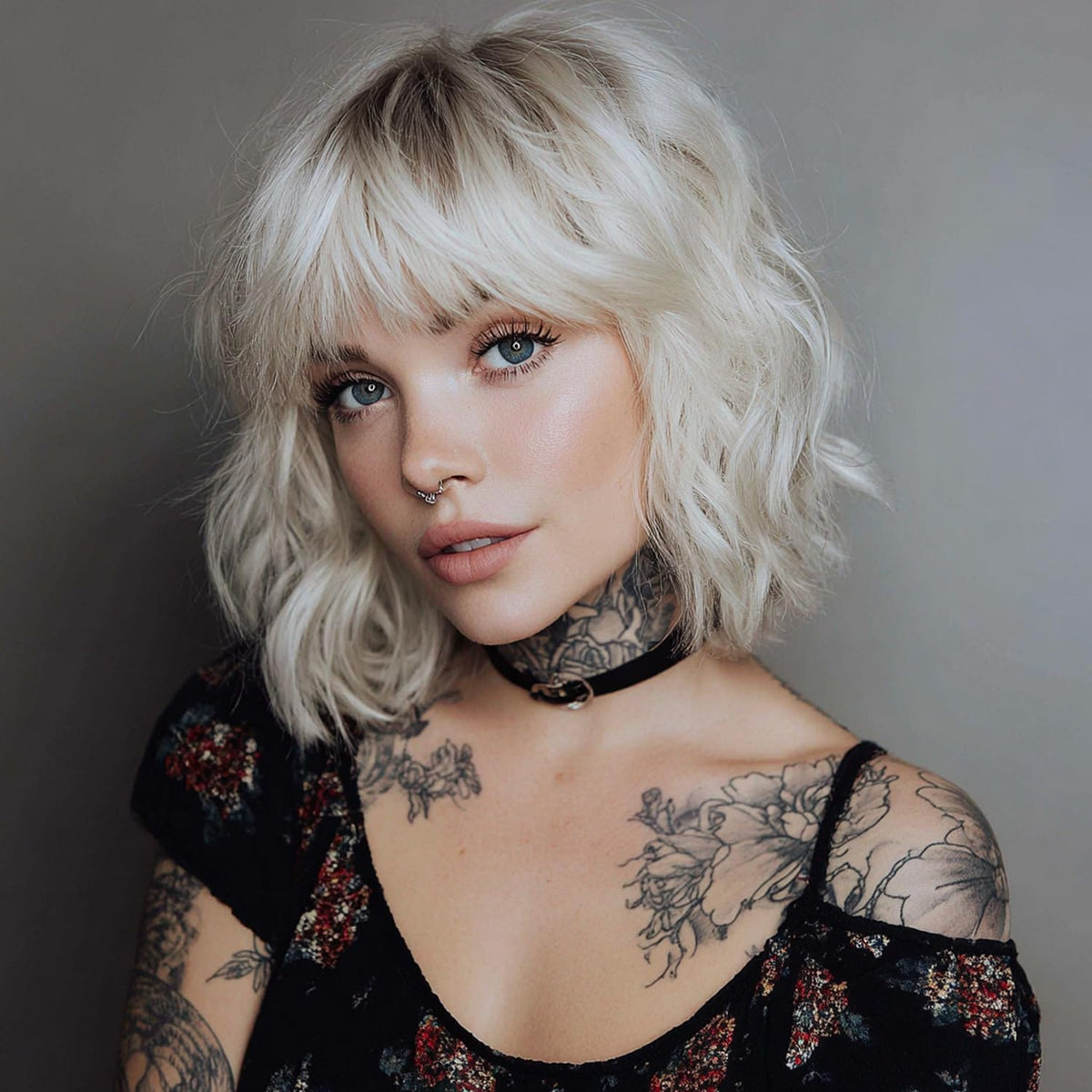 EssionTech short ombre blonde bob wig front view with soft bangs and warm dimension.