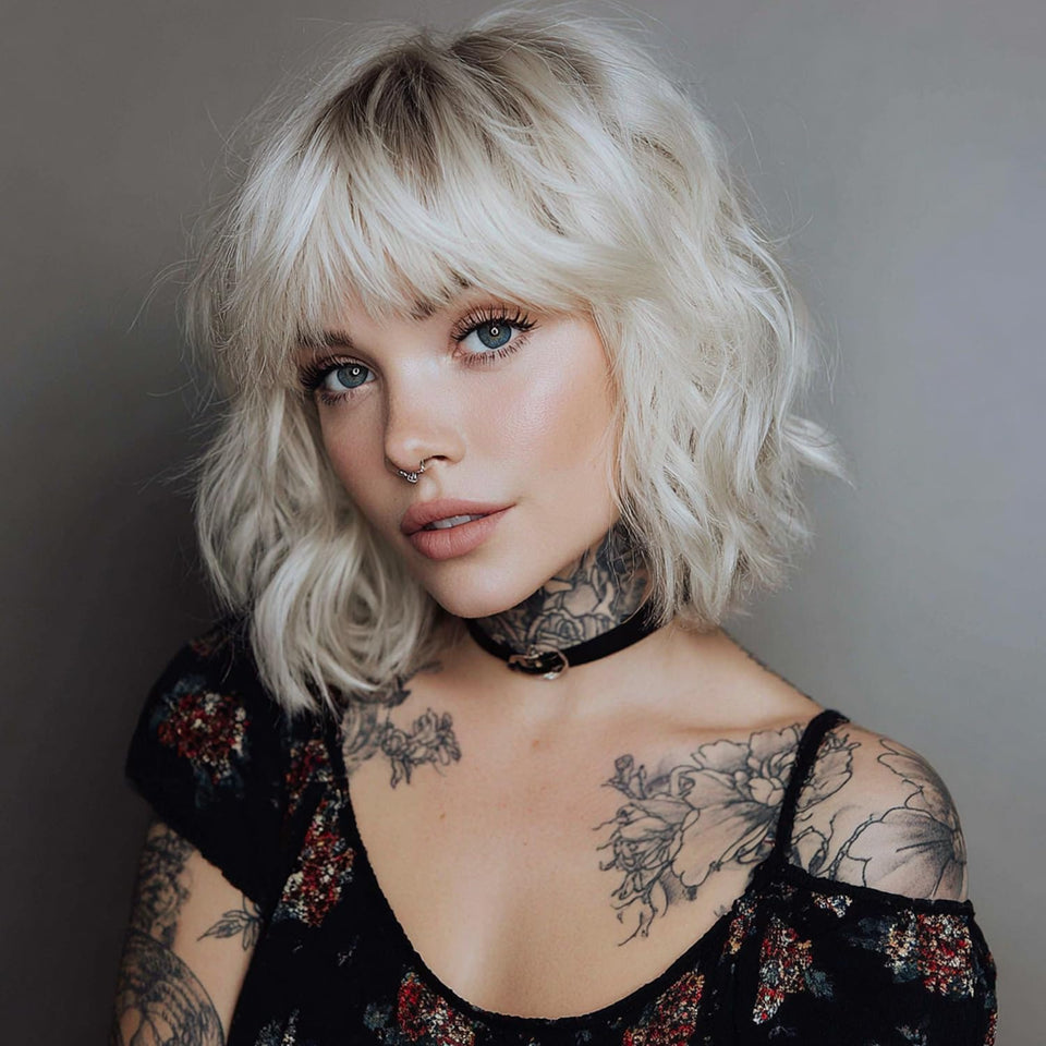 EssionTech short ombre blonde bob wig front view with soft bangs and warm dimension.