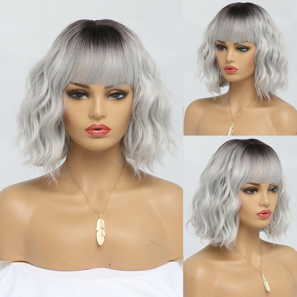 EssionTech short silver bangs wig side view enables quick, stylish framing