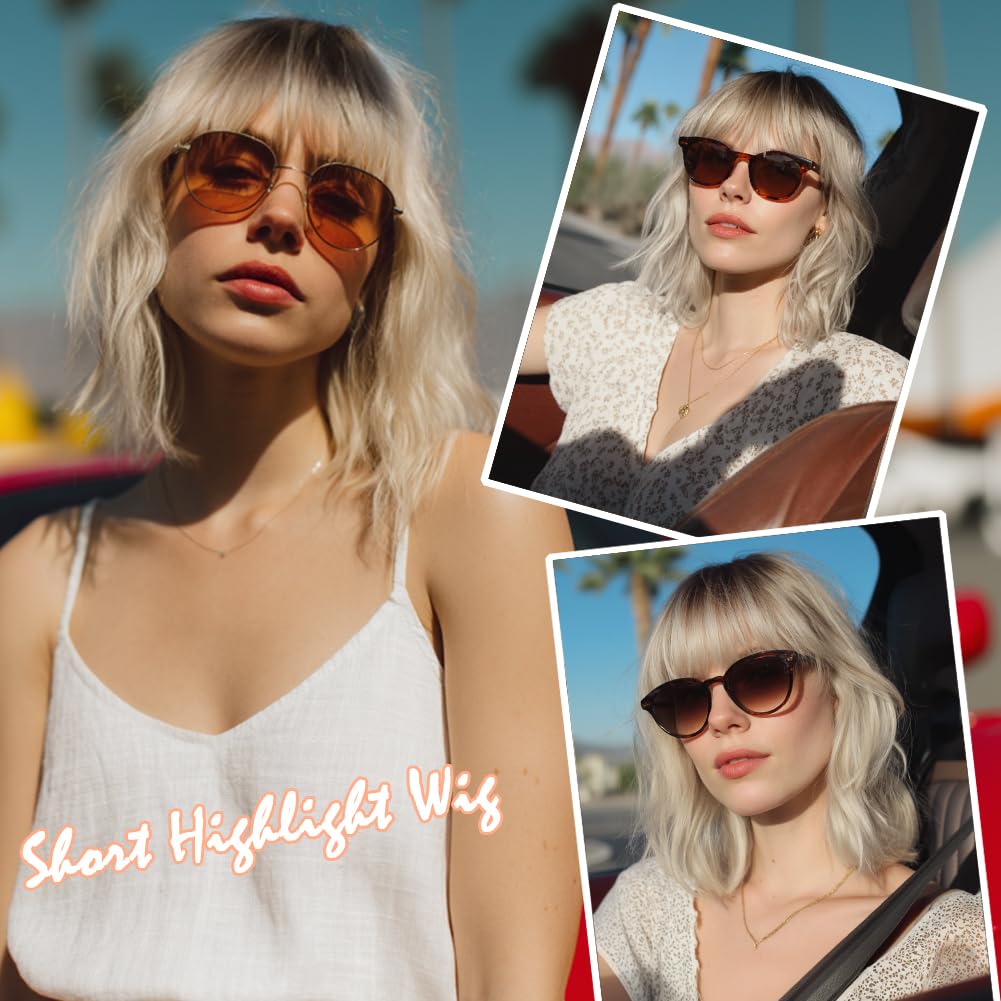 EssionTech wavy bob wig bangs closeup emphasizing texture and shine.