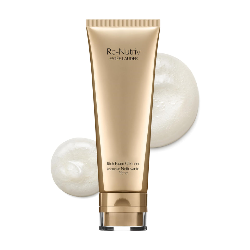 Estée Lauder Re-Nutriv Rich Foaming Cleanser bottle close-up for a luxurious cleanse.