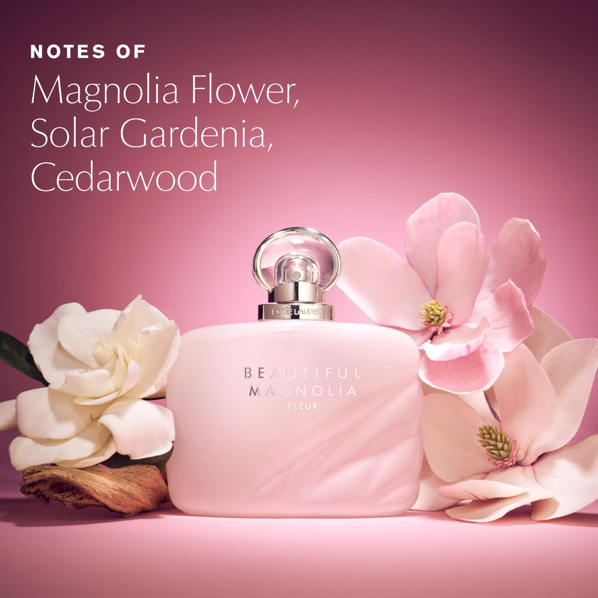 Estée Lauder Beautiful Magnolia Fleur bottle side view shows balanced design for daily wear.