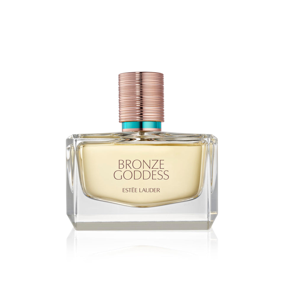 Estee Lauder Bronze Goddess bottle front view evokes sun-kissed glow for daywear.