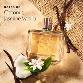 Estee Lauder Bronze Goddess bottle top view, emphasizing warm tropical notes for daily freshness.