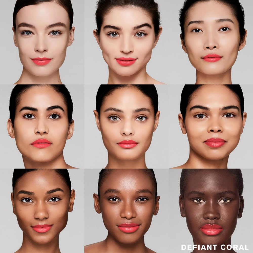 Estée Lauder Defiant Coral lip swatch on lips reveals vibrant cream finish