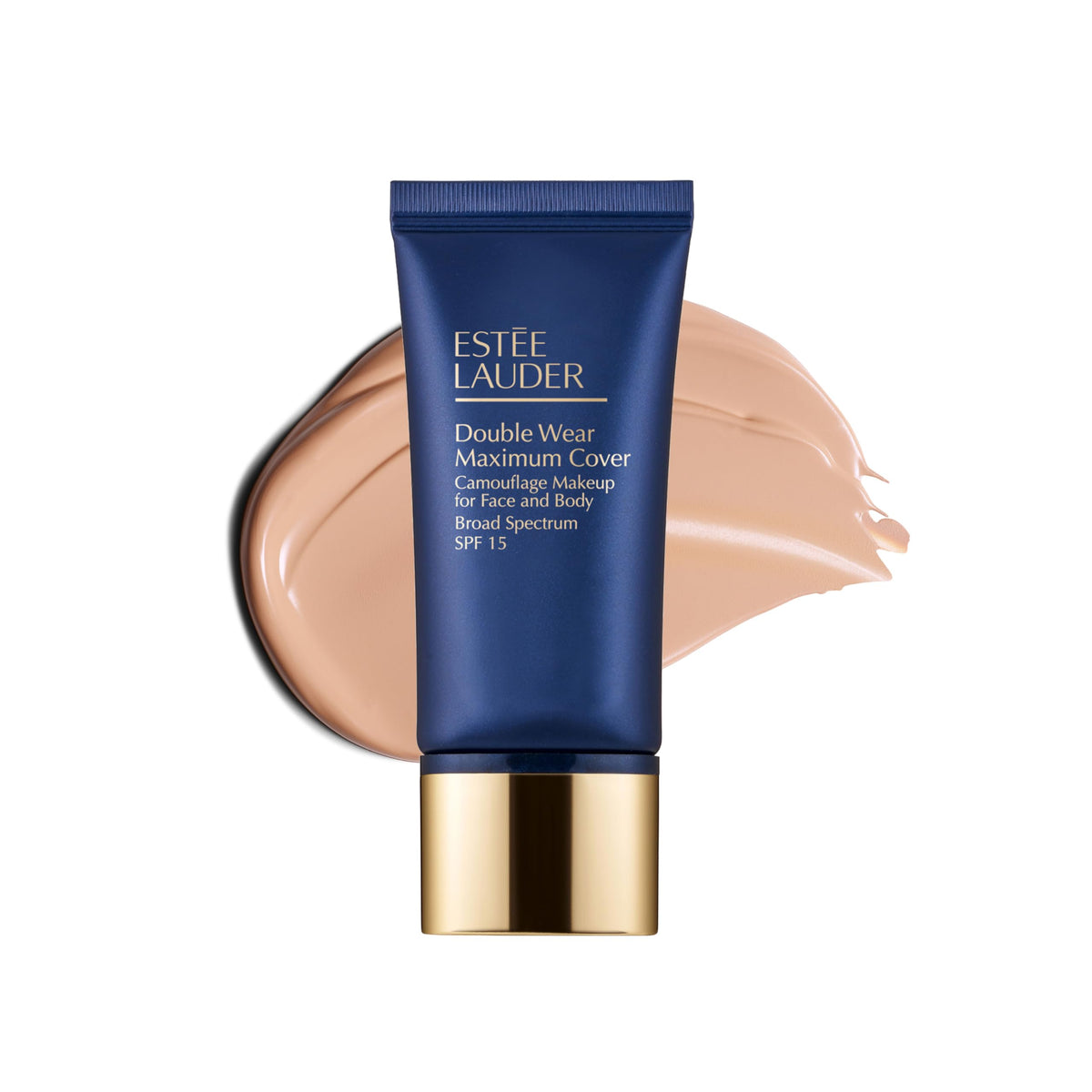 Estée Lauder Double Wear bottle-pour demonstrates long-wearing, full-coverage finish.