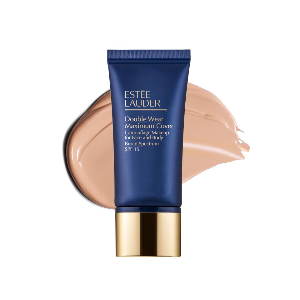 Estée Lauder Double Wear bottle-pour demonstrates long-wearing, full-coverage finish.