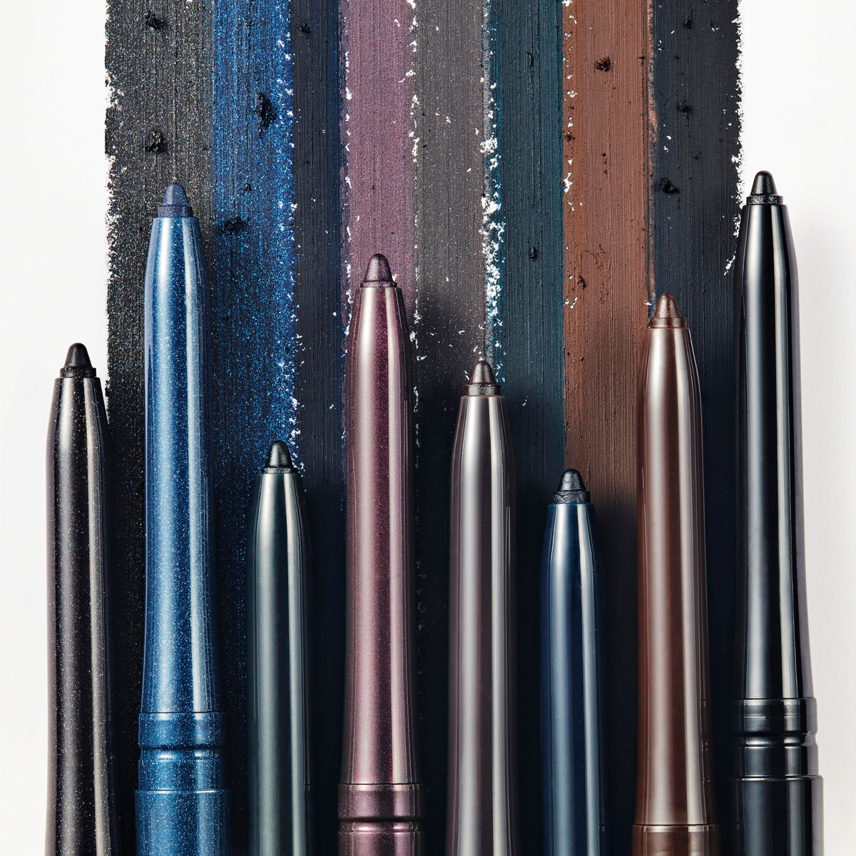 Estee Lauder Double Wear eyeliner graphite swatch highlights waterproof all-day wear.