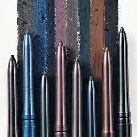 Estee Lauder Double Wear eyeliner graphite swatch highlights waterproof all-day wear.