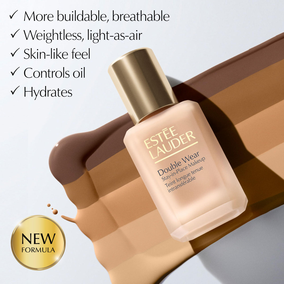 Estée Lauder Double Wear 57-shade range with enhanced pigments for dimensional finish.