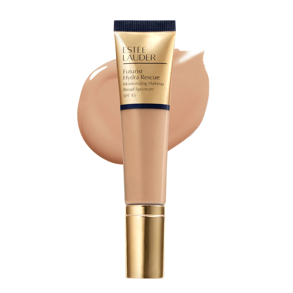 Estee Lauder Futurist Hydra Rescue bottle showcases breathable, long-lasting radiance for all-day wear.