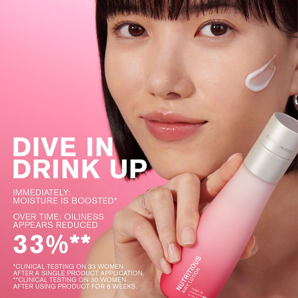 Estée Lauder Nutritious Airy Lotion pump close-up showing quick absorption and refreshing finish.