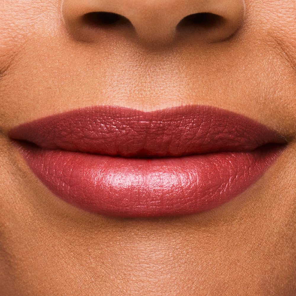 Swatch of Rebellious Rose showing shimmering, dimensional glow on lips.