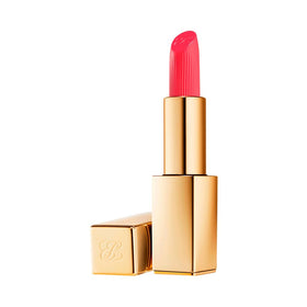 Estée Lauder Pure Color Cream Lipstick in Defiant Coral swatch shows rich, lasting color
