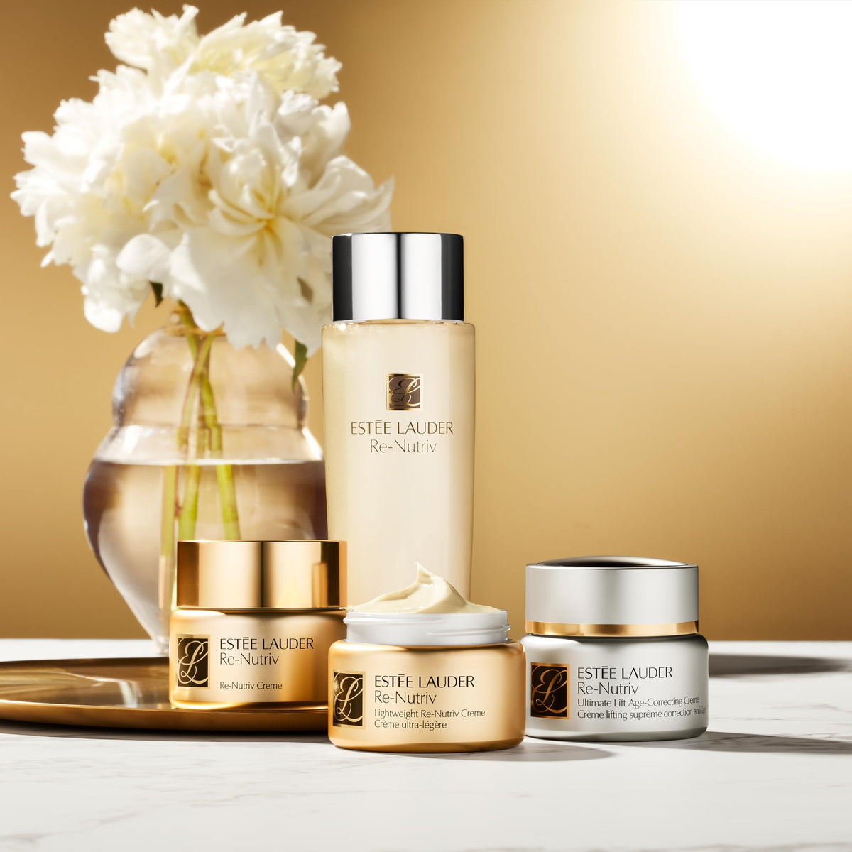 Estee Lauder Re-Nutriv bottle label close-up highlighting luxury formula