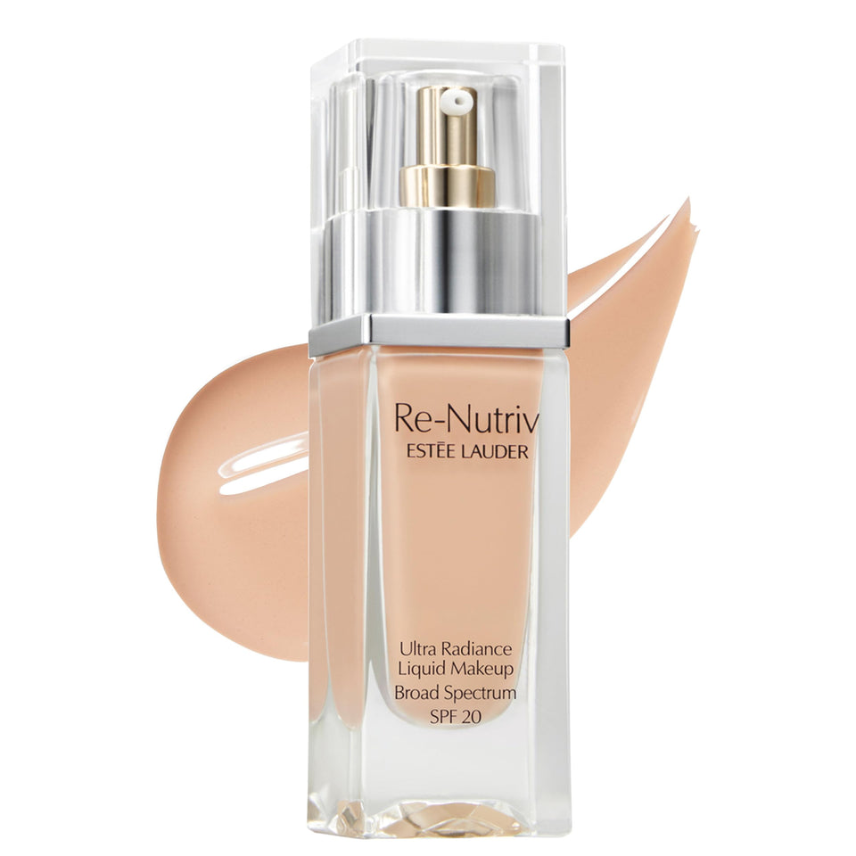 Estée Lauder Re-Nutriv Ultra Radiance Foundation bottle close-up showing luminous finish