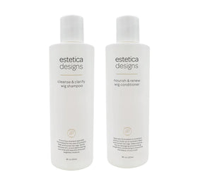 Estetica Designs wig conditioner bottle close-up highlighting detangling and moisture for wigs.