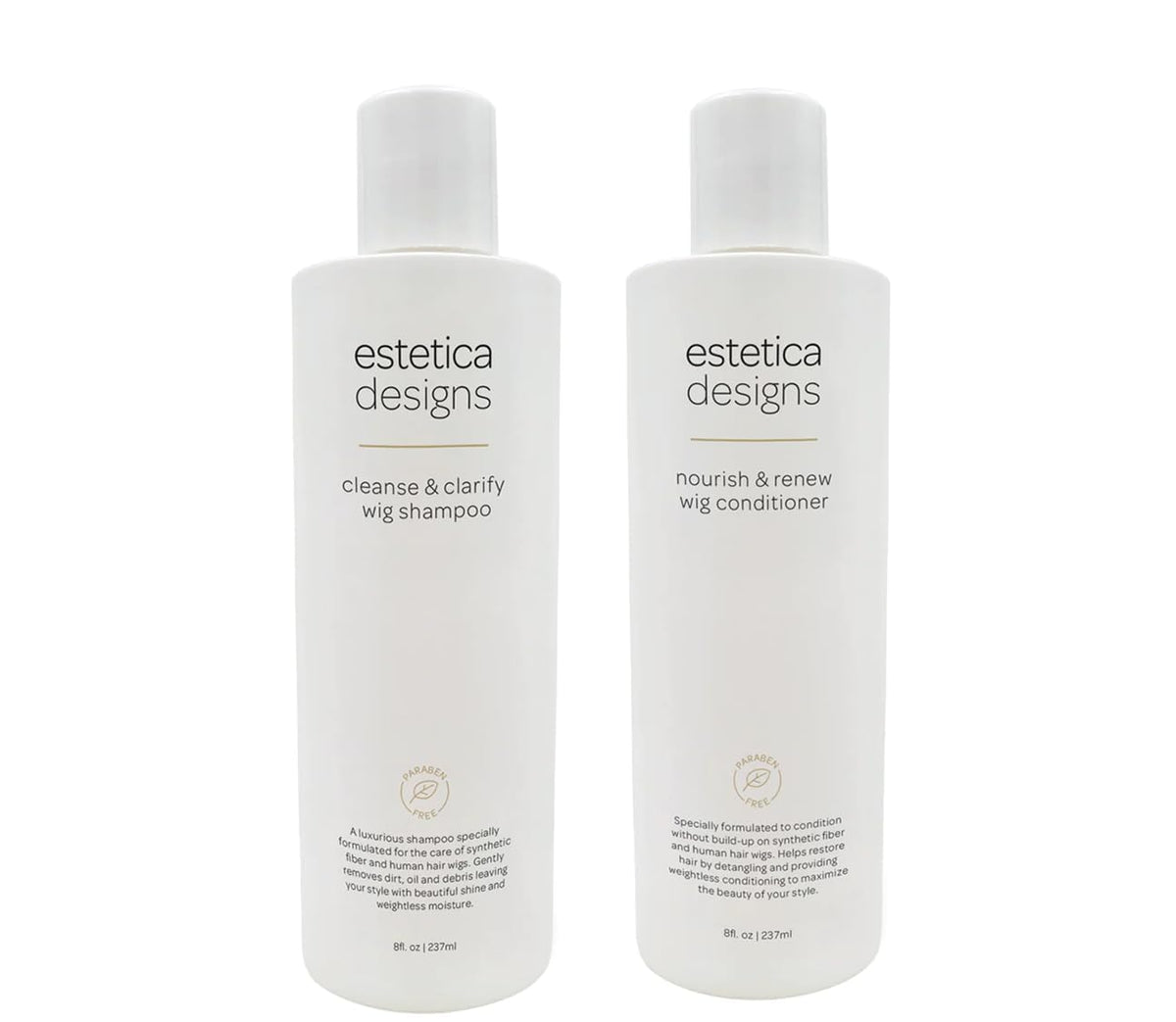 Estetica Designs wig shampoo bottle close-up for gentle cleansing and shine on wigs.