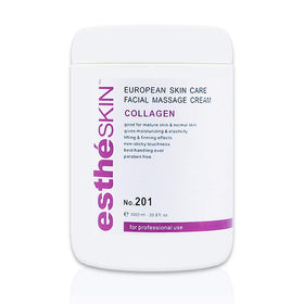 estheSKIN Collagen Facial Massage Cream bottle on a vanity, promising hydration and a gentle firming effect