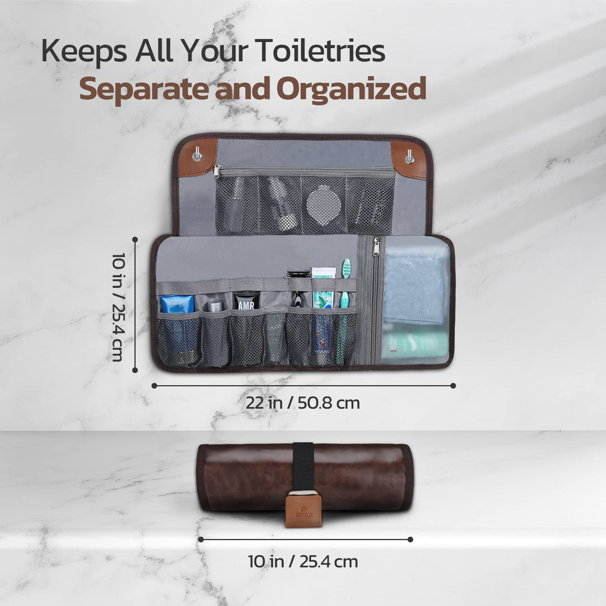 Estour Toiletry Bag with water resistant PU leather exterior for durable travel