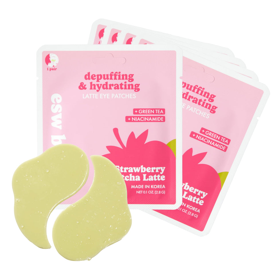 ESW Beauty Strawberry Matcha Latte Patches pack shot highlighting vegan hydrogel formula.