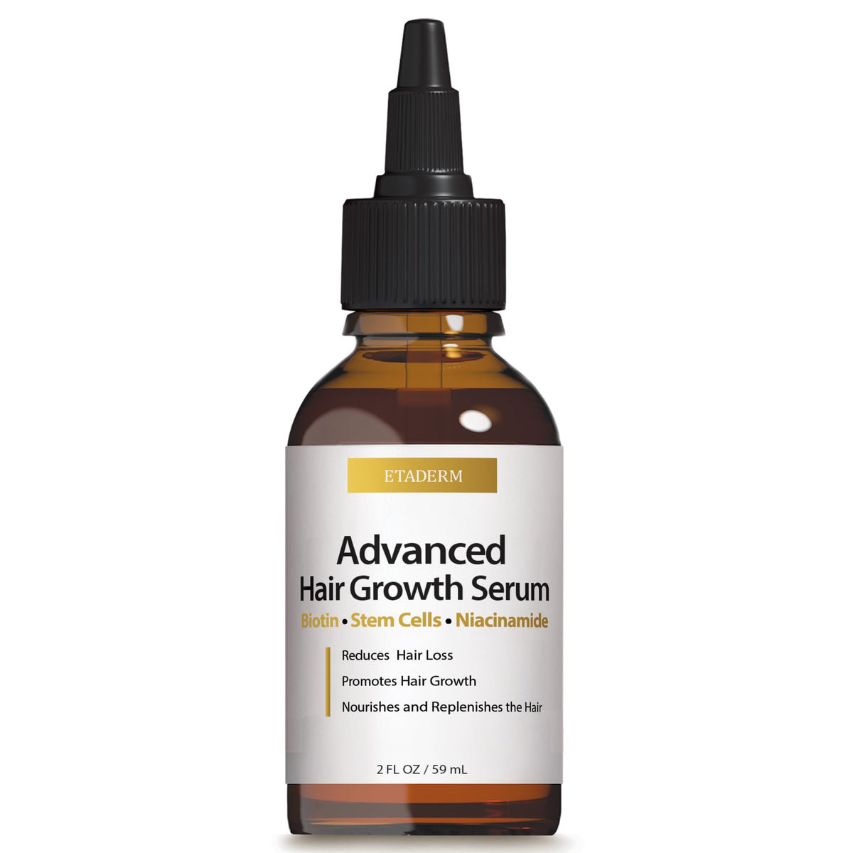 ETADERM Advanced Hair Growth Serum bottle on a clean surface showing premium packaging for growth support