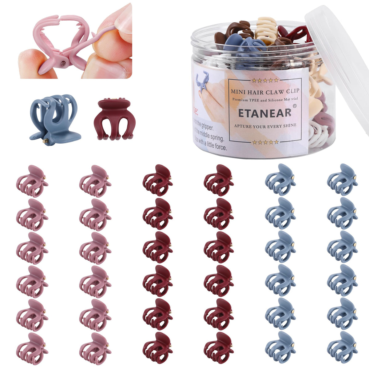 ETANEAR small clip in wine red provides secure, gentle grip for everyday styling