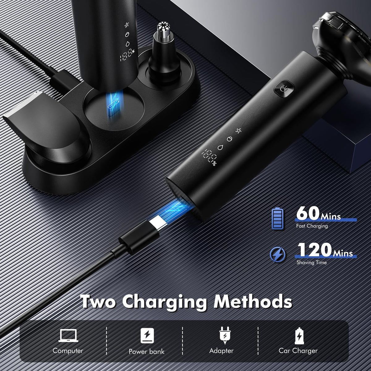 ETENTOUS LED display on razor shows battery status.