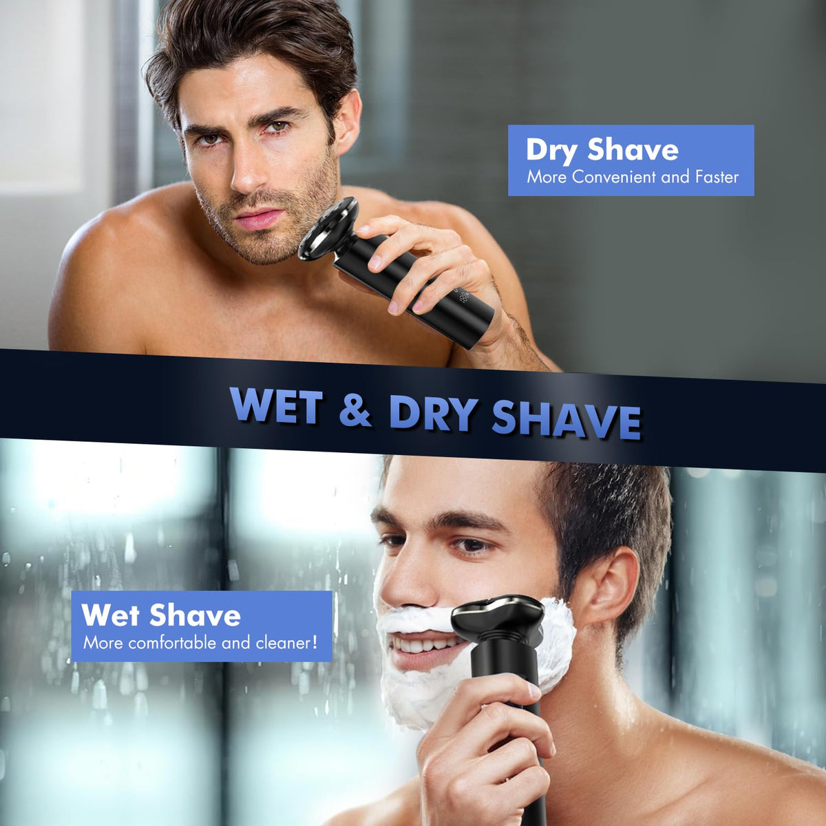 ETENTOUS electric razor in wet and dry use scenario.