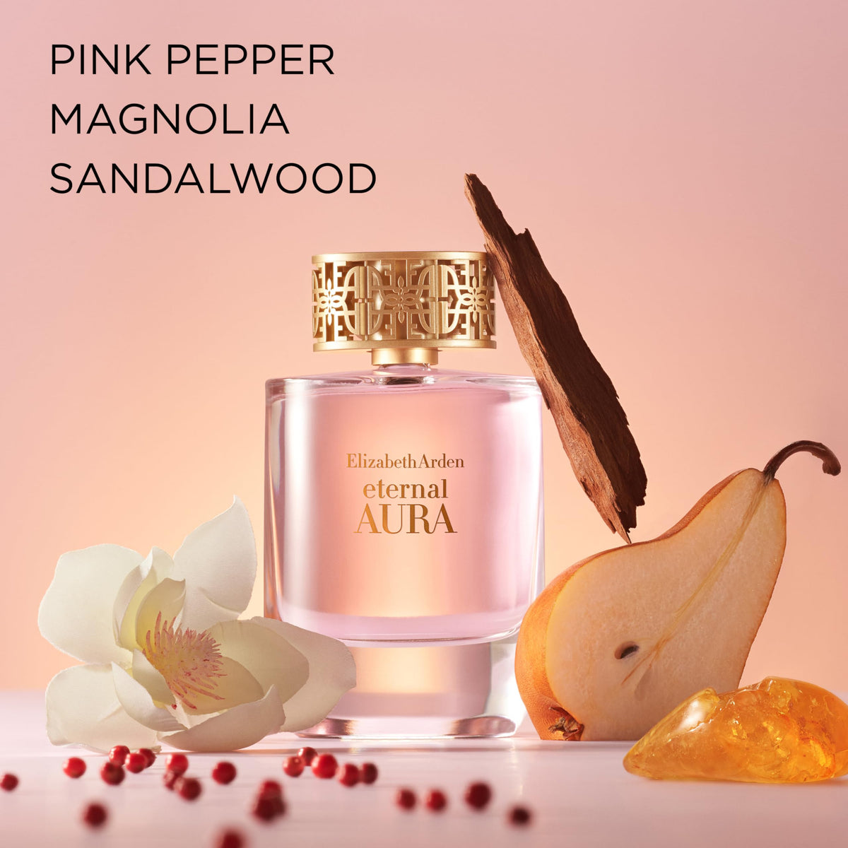 Elizabeth Arden Eternal Aura base notes sandalwood and amber for lasting warmth.