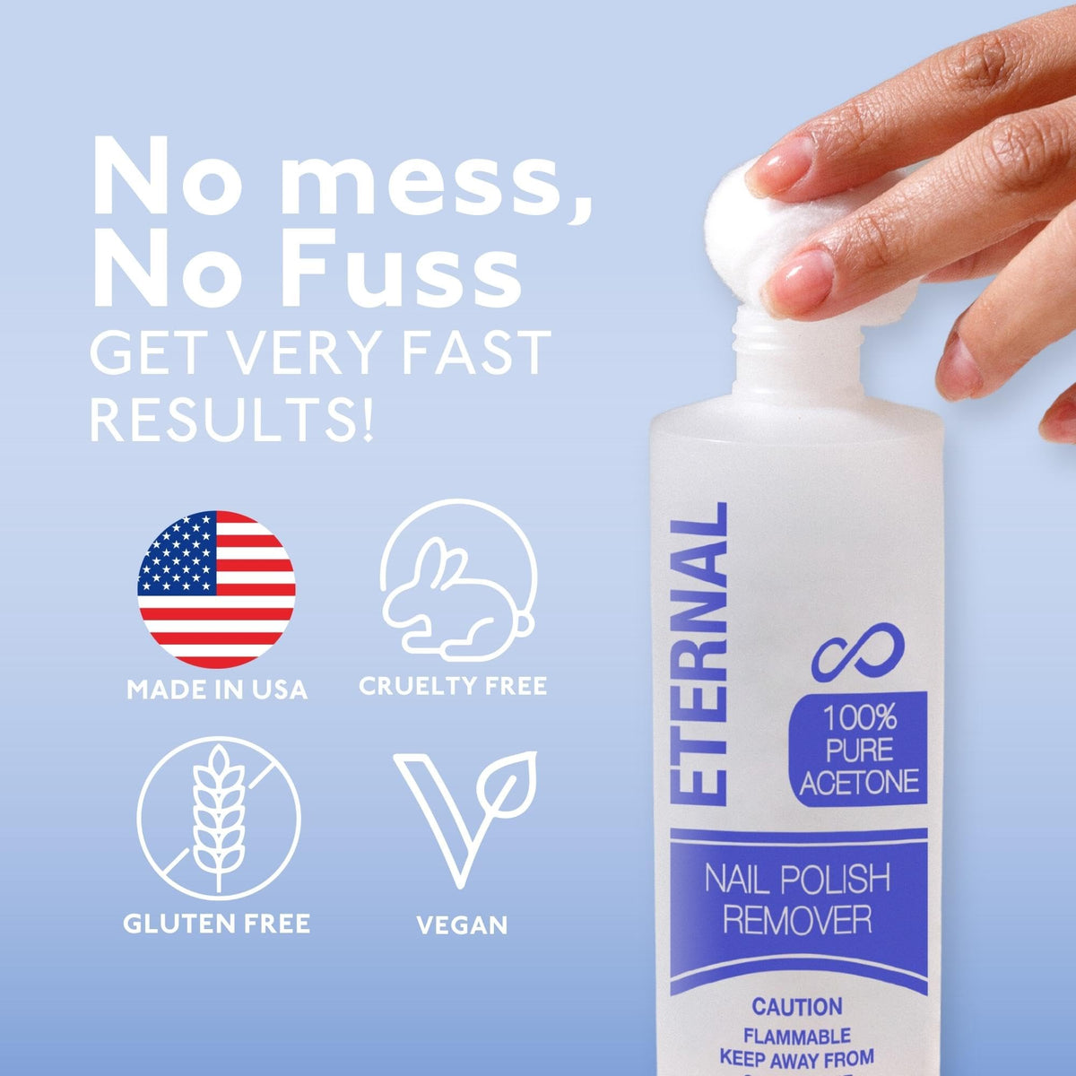 Cotton ball with Eternal remover for at-home nail polish removal.