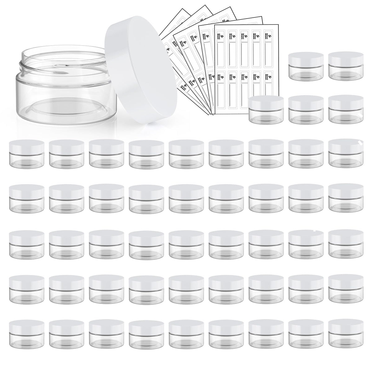 Eternal Moment 50-pack 1oz clear jar with white lid for easy storage.