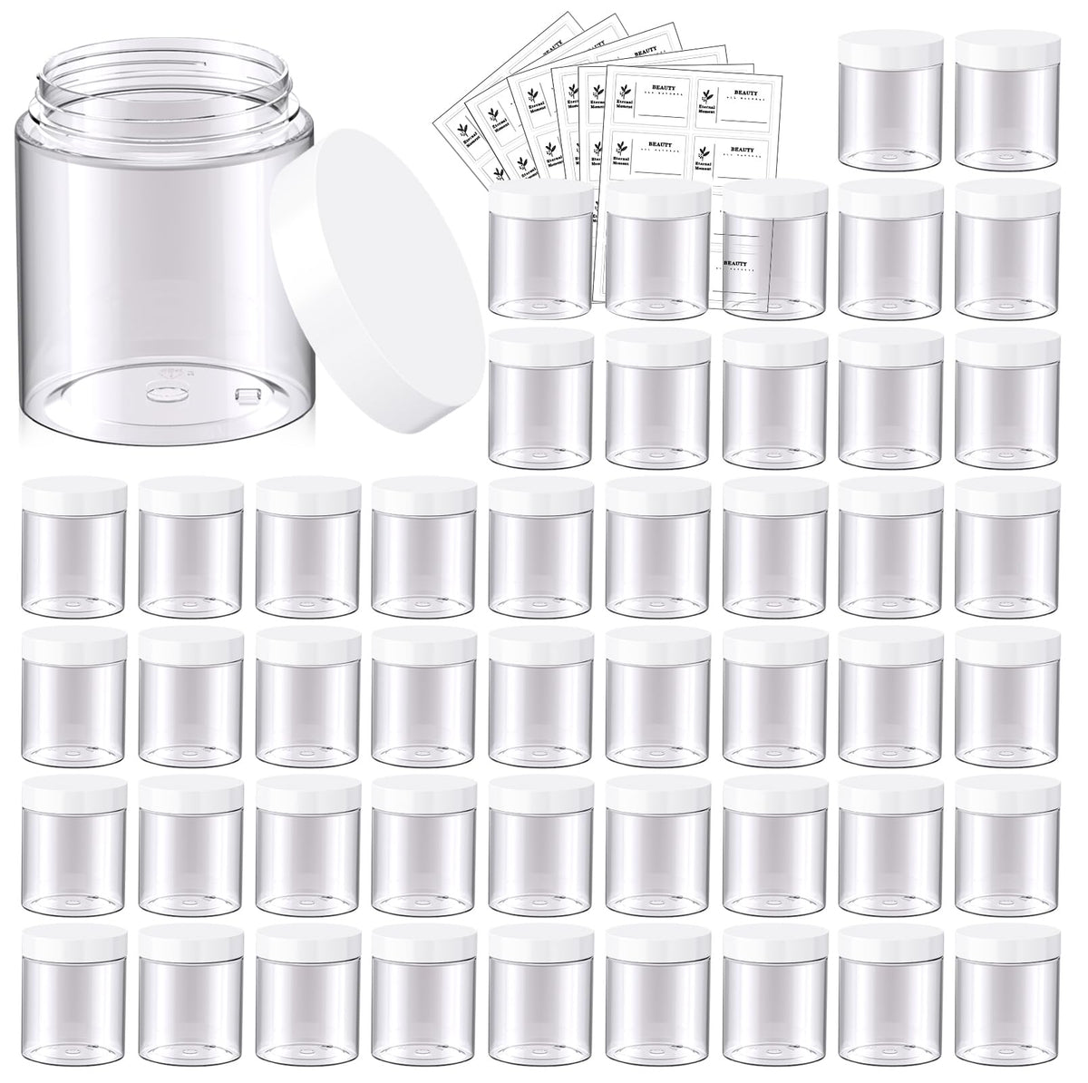 Eternal Moment 8 oz clear jar with white lid, ideal for samples and travel storage.