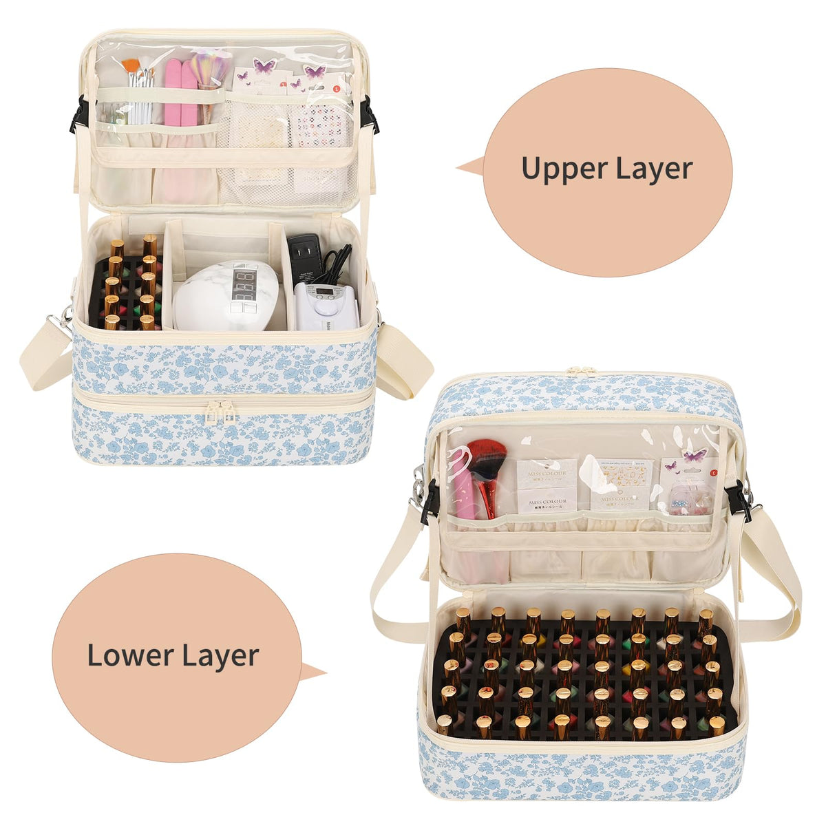Lower section stores 30+ bottles and essential nail tools securely.