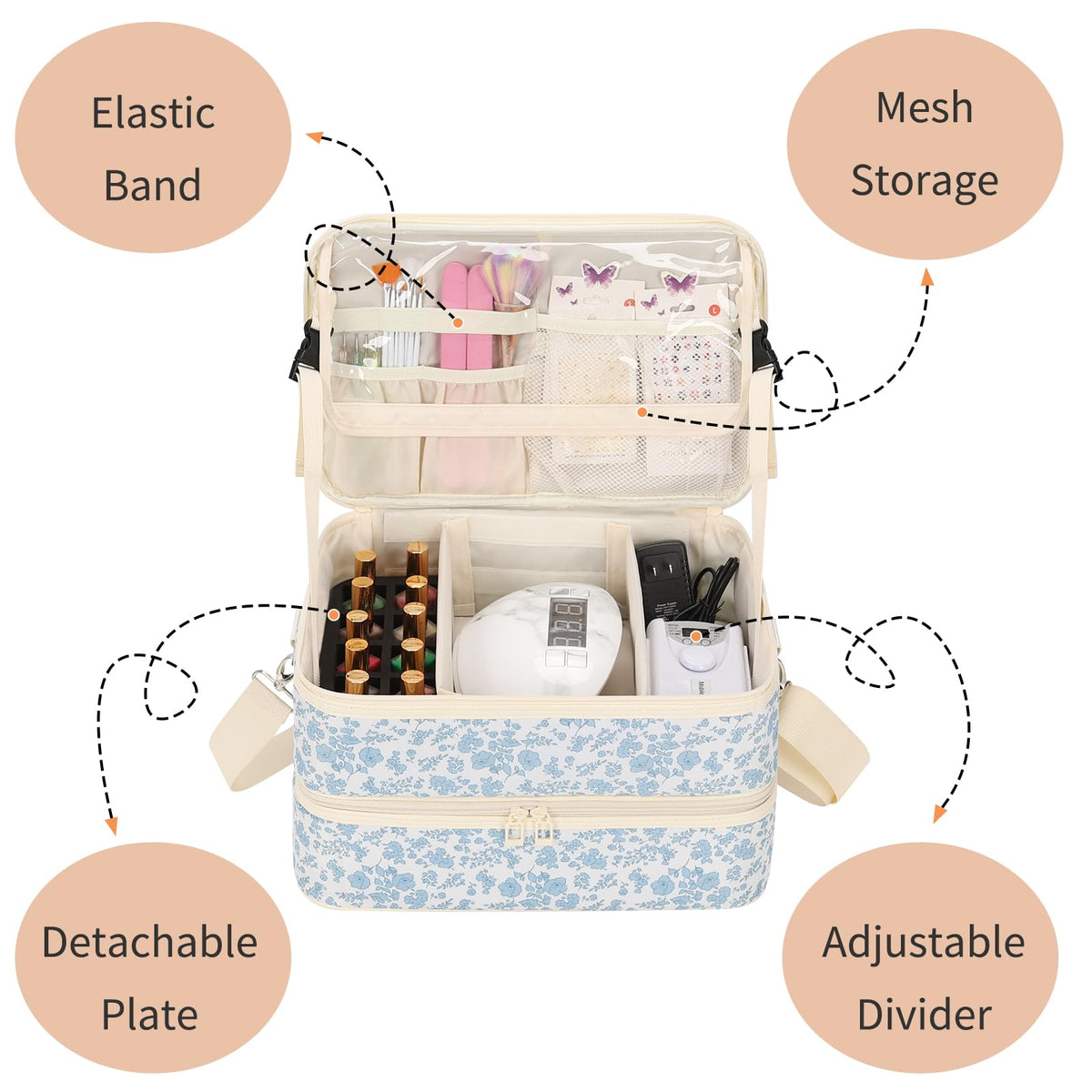 Open bag showing neat compartments and protective dividers for polish.
