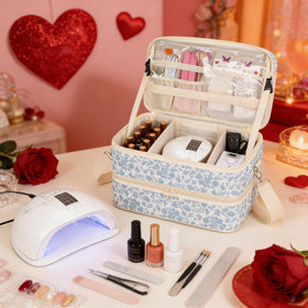 Top layer with lamp and tools for on-the-go professional setup.