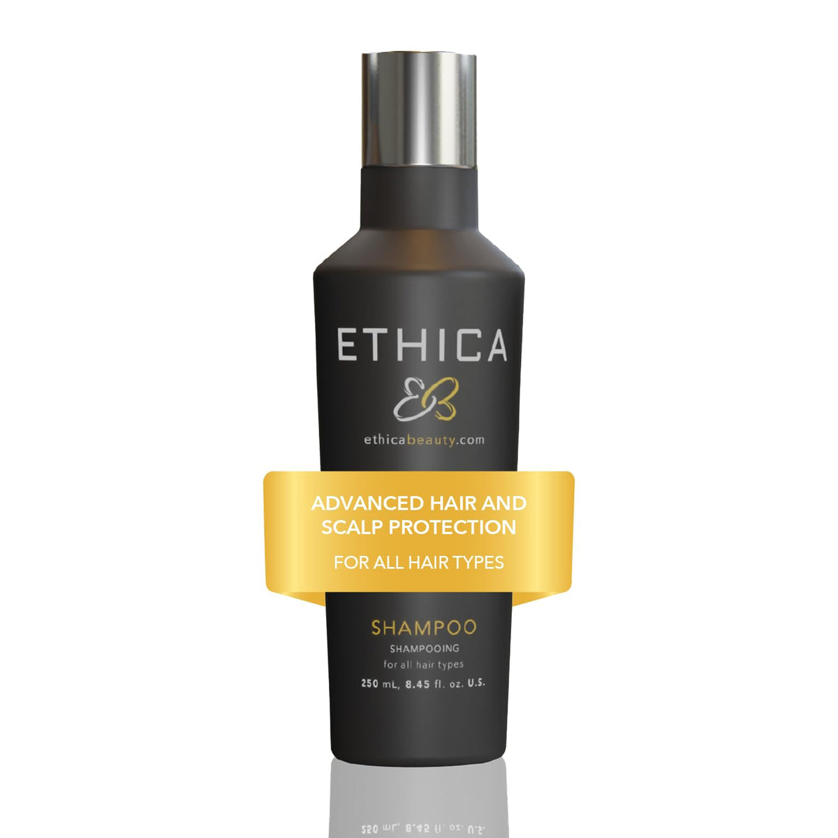 Ethica Beauty sulfate-free shampoo bottle shows gentle cleansing for all hair types.