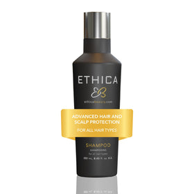 Ethica Beauty sulfate-free shampoo bottle shows gentle cleansing for all hair types.