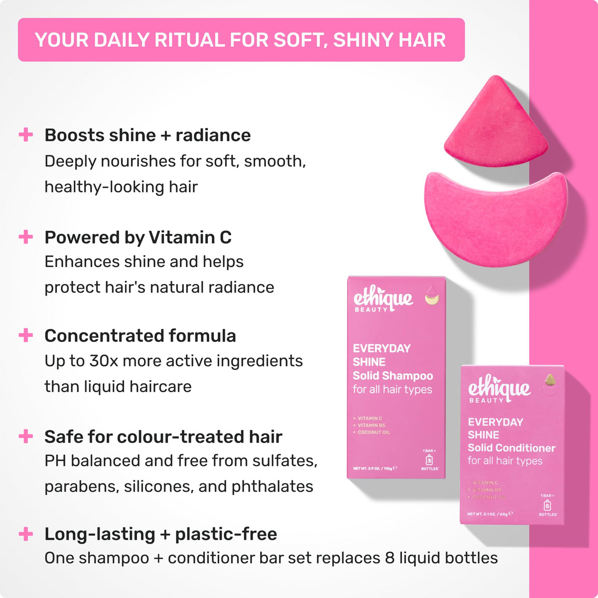 Ethique Beauty Everyday Shampoo Bar shine close-up suggests Vitamin C for radiant hair.