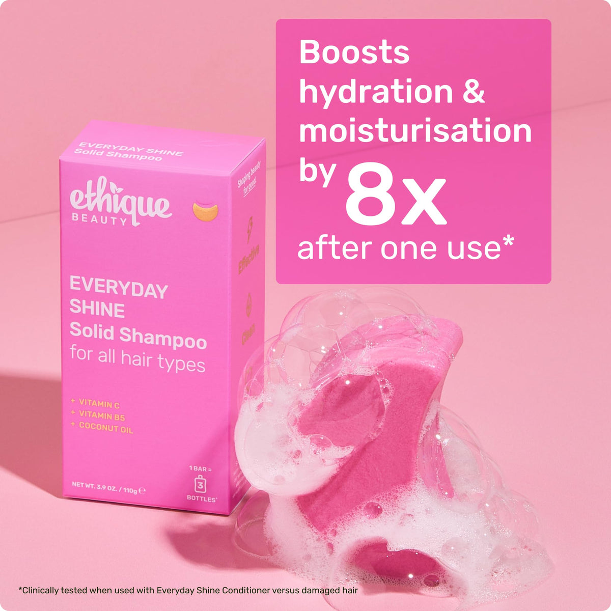 Ethique Beauty Everyday Shampoo Bar vitamin-C-boost badge implies brighter-looking hair.